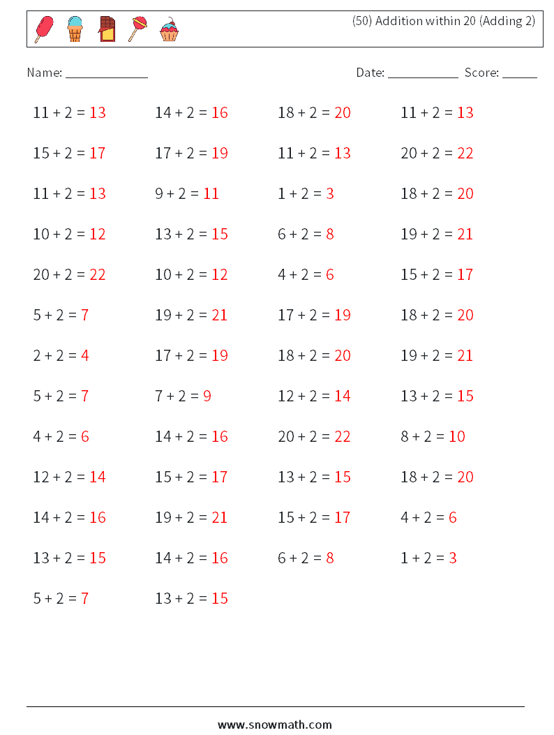(50) Addition within 20 (Adding 2) Math Worksheets 2 Question, Answer