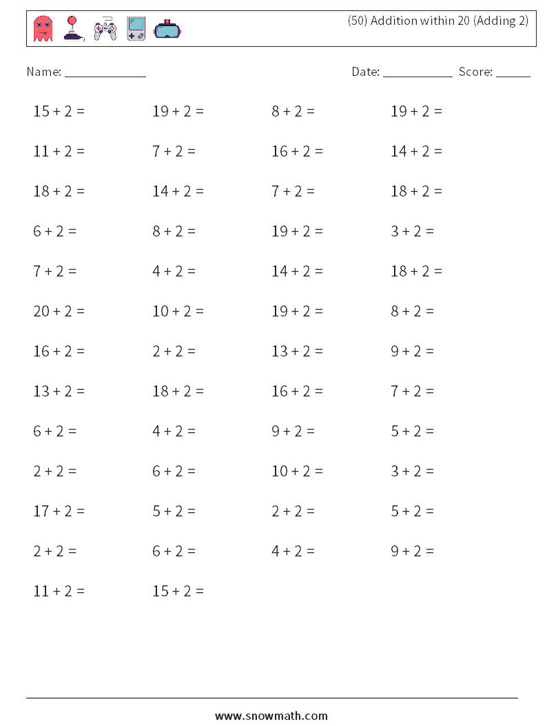 (50) Addition within 20 (Adding 2) Math Worksheets 3