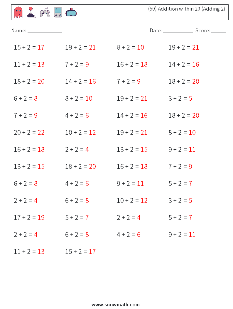 (50) Addition within 20 (Adding 2) Math Worksheets 3 Question, Answer