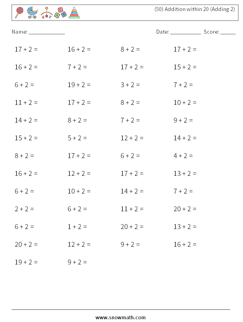 (50) Addition within 20 (Adding 2) Math Worksheets 4