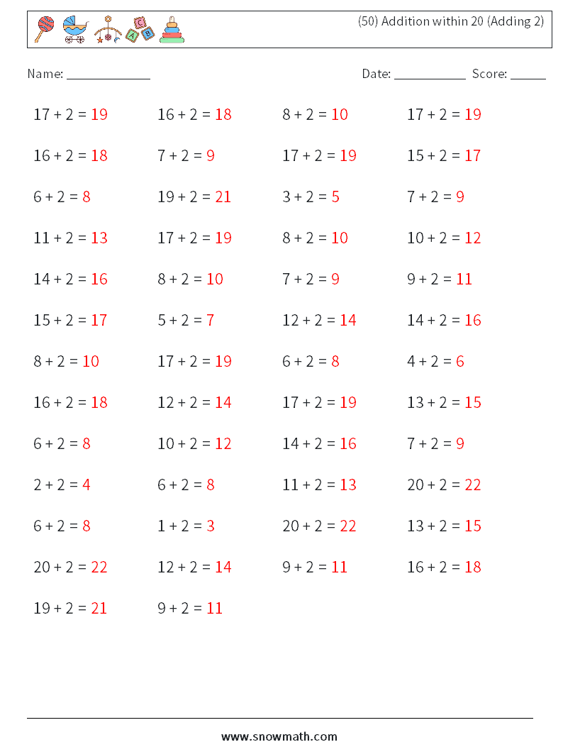 (50) Addition within 20 (Adding 2) Math Worksheets 4 Question, Answer