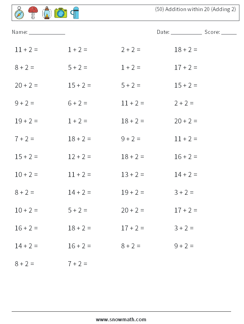(50) Addition within 20 (Adding 2) Math Worksheets 5