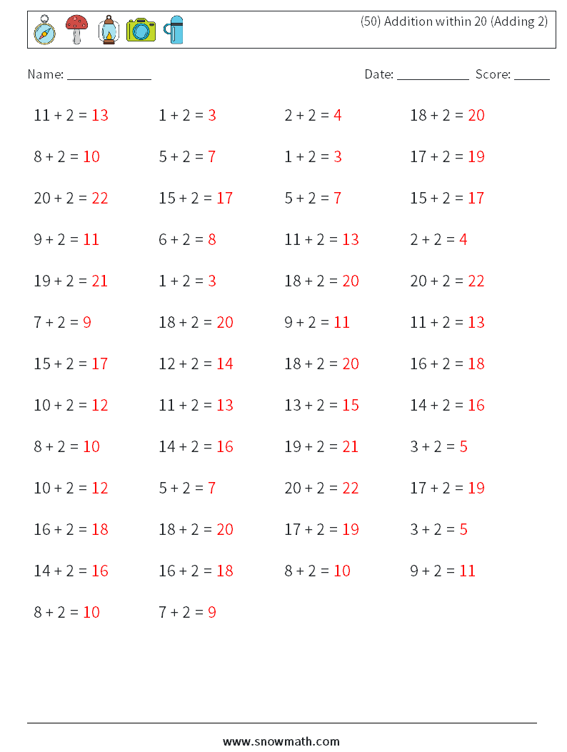 (50) Addition within 20 (Adding 2) Math Worksheets 5 Question, Answer
