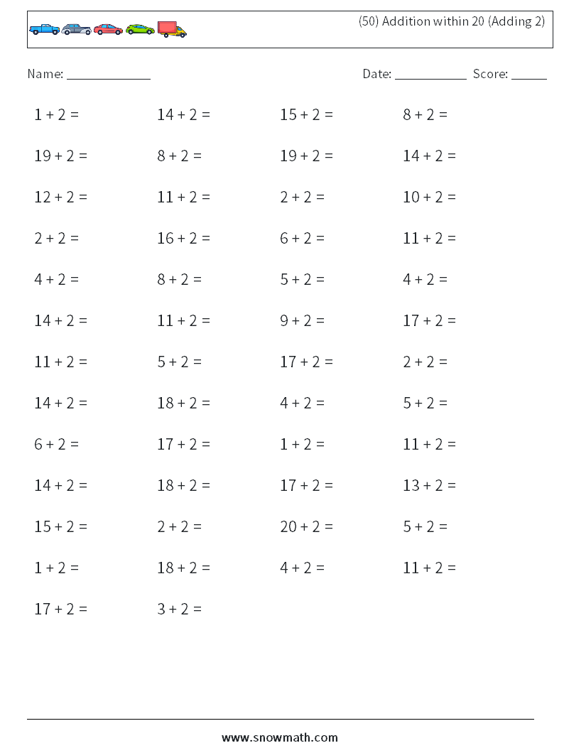 (50) Addition within 20 (Adding 2) Math Worksheets 6