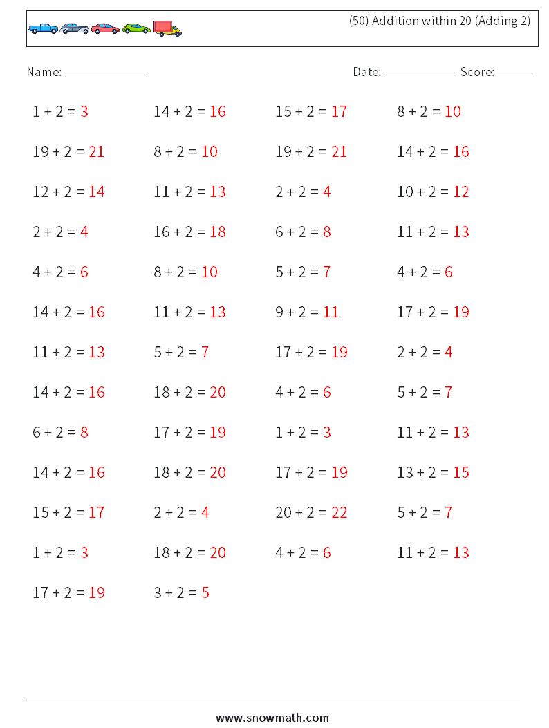 (50) Addition within 20 (Adding 2) Math Worksheets 6 Question, Answer