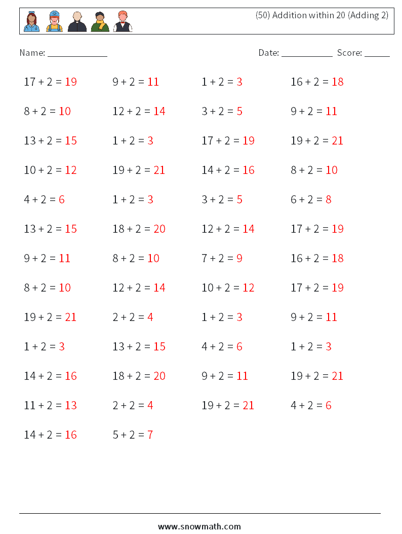 (50) Addition within 20 (Adding 2) Math Worksheets 7 Question, Answer