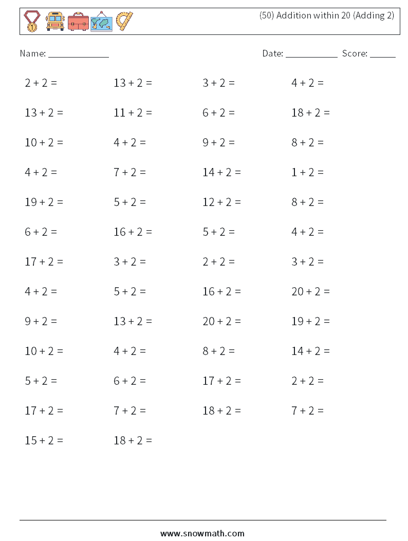 (50) Addition within 20 (Adding 2) Math Worksheets 8