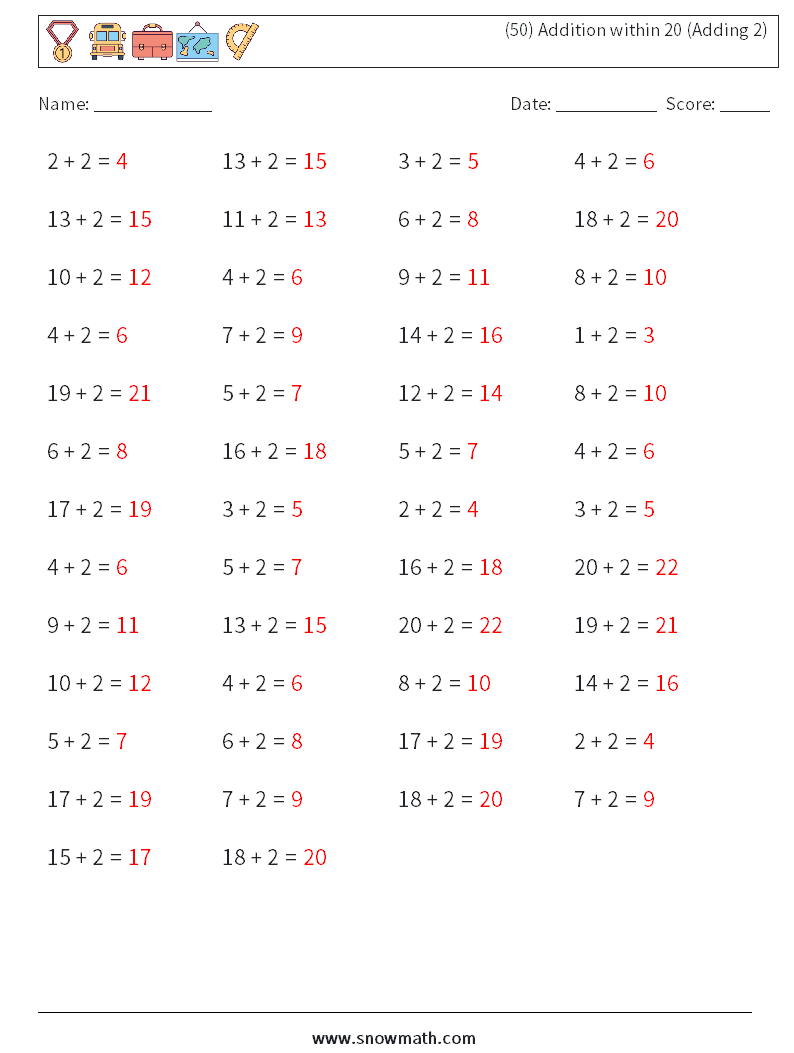 (50) Addition within 20 (Adding 2) Math Worksheets 8 Question, Answer