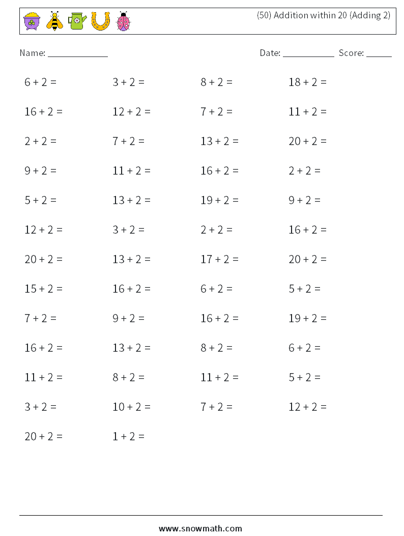 (50) Addition within 20 (Adding 2) Math Worksheets 9