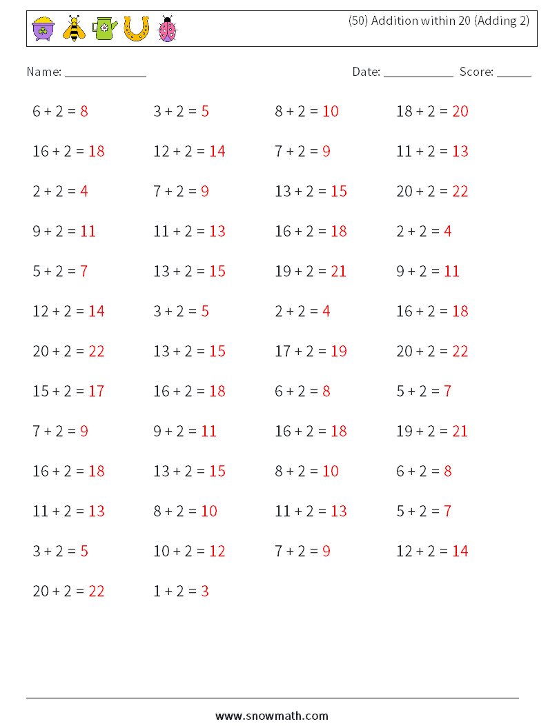 (50) Addition within 20 (Adding 2) Math Worksheets 9 Question, Answer