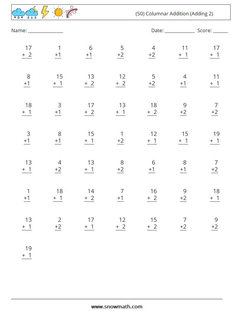 (50) Columnar Addition (Adding 2) Math Worksheets 1