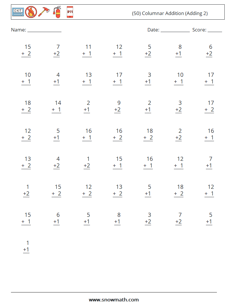 (50) Columnar Addition (Adding 2) Math Worksheets 10