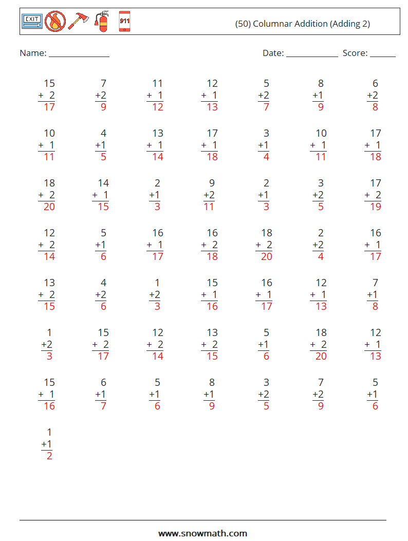 (50) Columnar Addition (Adding 2) Math Worksheets 10 Question, Answer