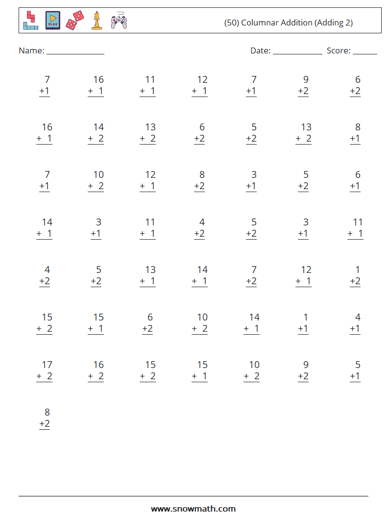 (50) Columnar Addition (Adding 2) Math Worksheets 11