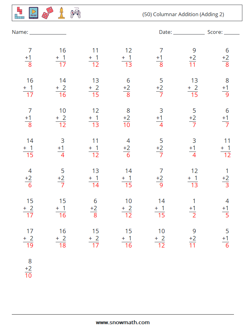 (50) Columnar Addition (Adding 2) Math Worksheets 11 Question, Answer