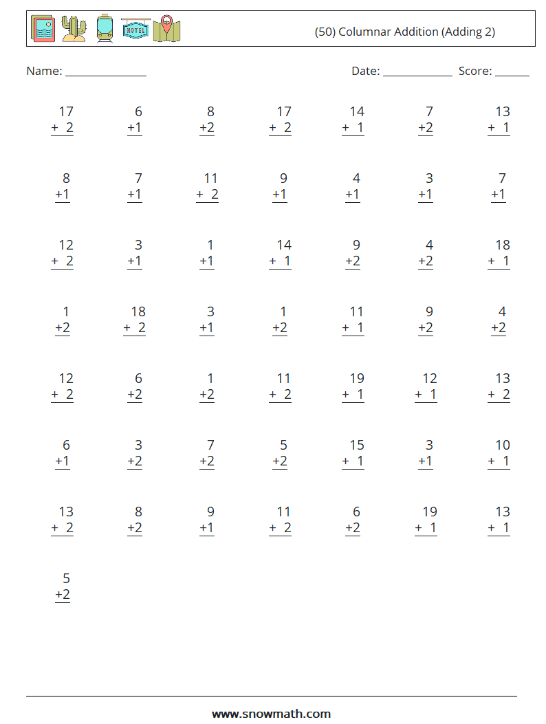(50) Columnar Addition (Adding 2) Math Worksheets 12