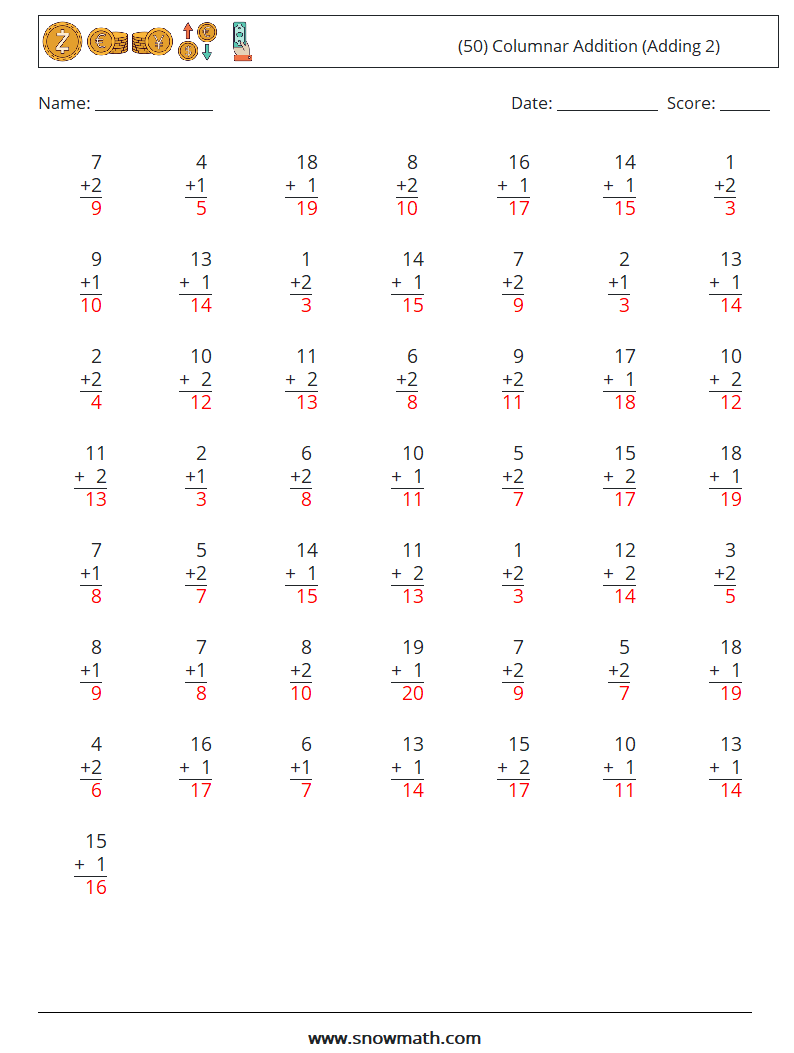 (50) Columnar Addition (Adding 2) Math Worksheets 13 Question, Answer