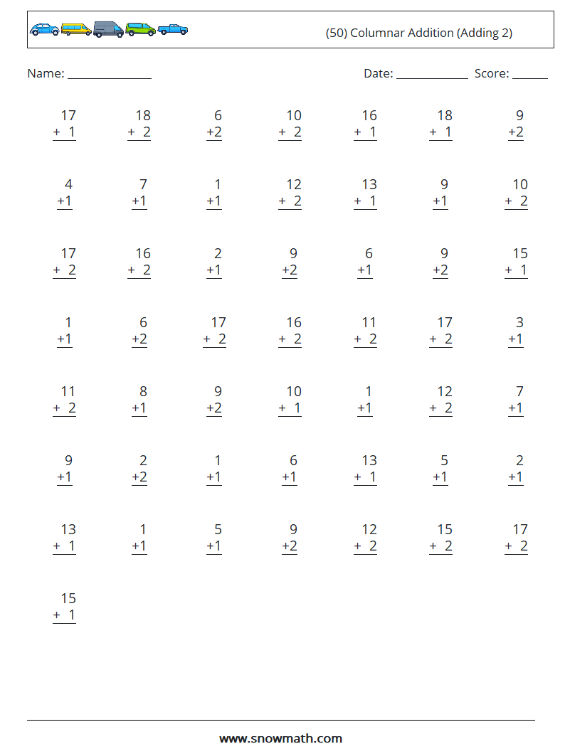 (50) Columnar Addition (Adding 2) Math Worksheets 14