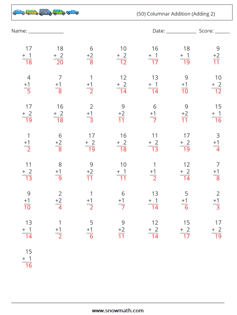 (50) Columnar Addition (Adding 2) Math Worksheets 14 Question, Answer