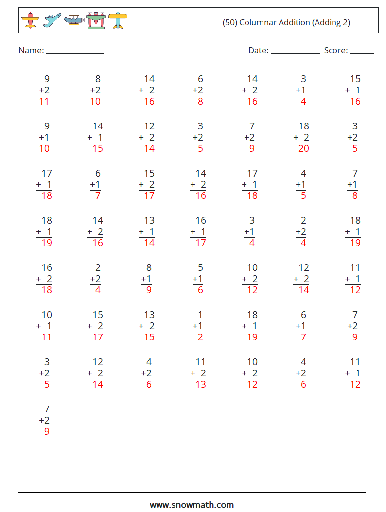 (50) Columnar Addition (Adding 2) Math Worksheets 15 Question, Answer