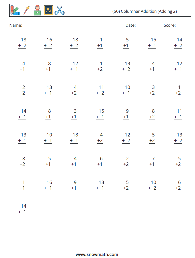 (50) Columnar Addition (Adding 2) Math Worksheets 16