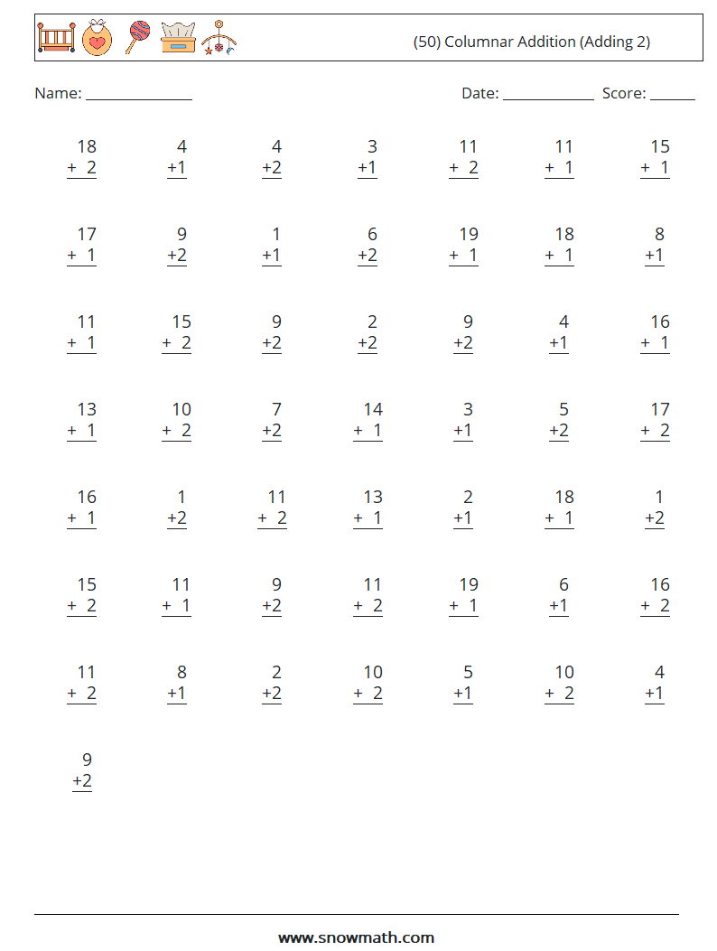 (50) Columnar Addition (Adding 2) Math Worksheets 17