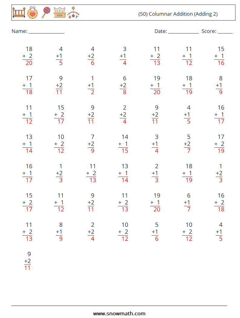 (50) Columnar Addition (Adding 2) Math Worksheets 17 Question, Answer