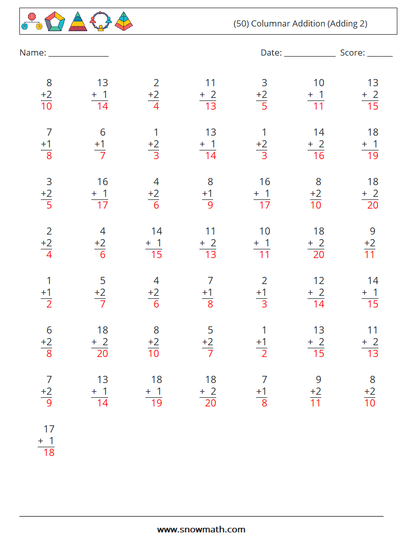 (50) Columnar Addition (Adding 2) Math Worksheets 18 Question, Answer