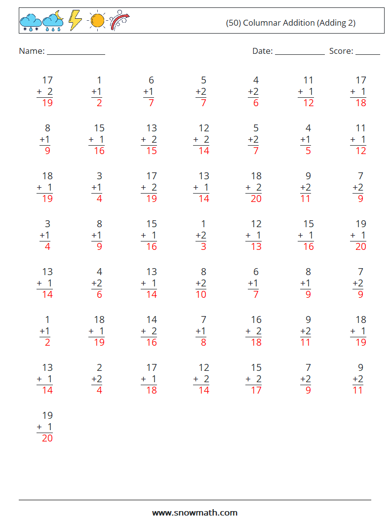 (50) Columnar Addition (Adding 2) Math Worksheets 1 Question, Answer