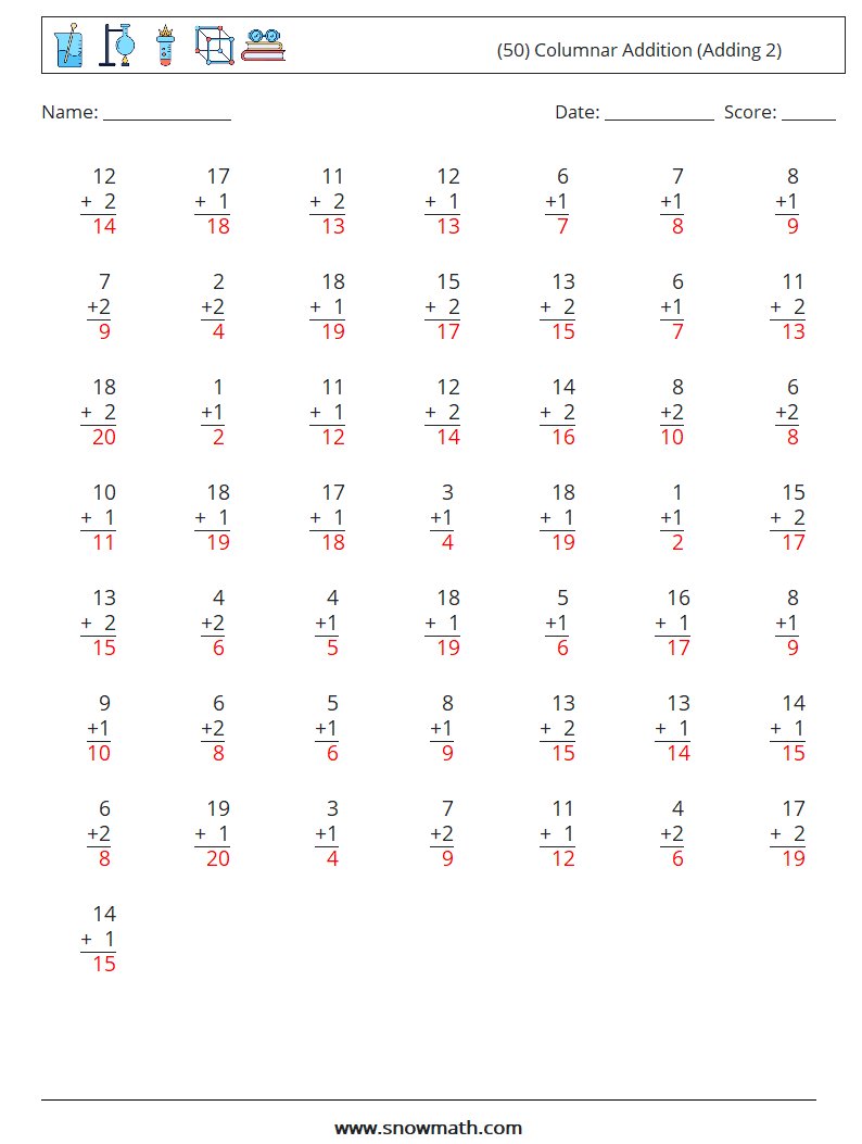 (50) Columnar Addition (Adding 2) Math Worksheets 2 Question, Answer