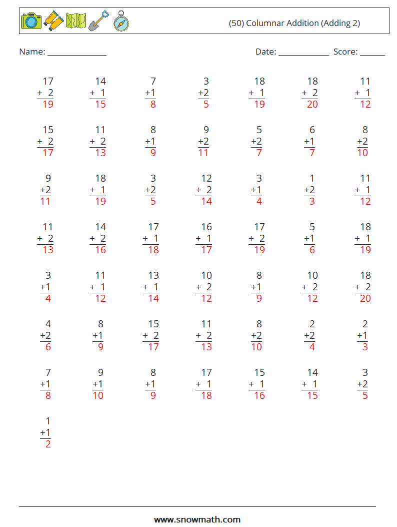 (50) Columnar Addition (Adding 2) Math Worksheets 3 Question, Answer