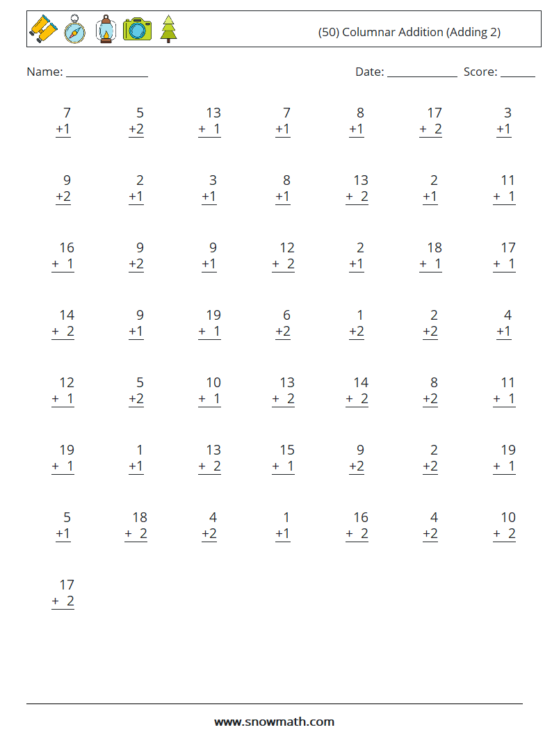 (50) Columnar Addition (Adding 2) Math Worksheets 4
