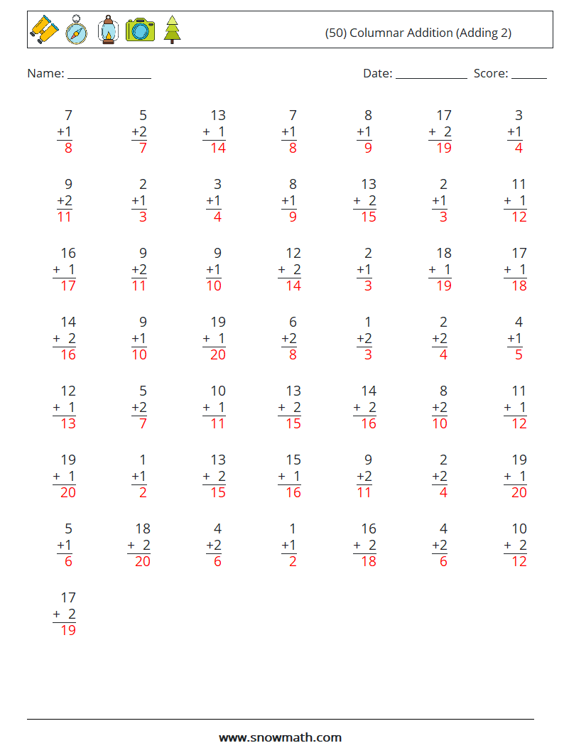 (50) Columnar Addition (Adding 2) Math Worksheets 4 Question, Answer