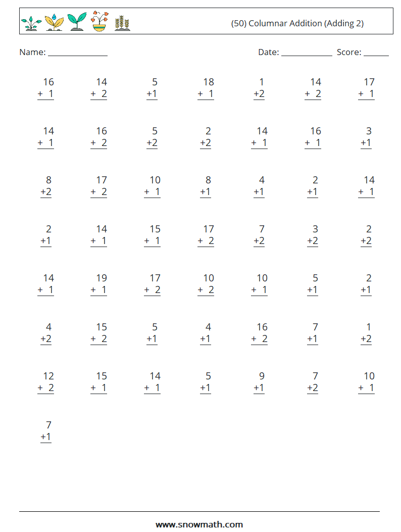 (50) Columnar Addition (Adding 2) Math Worksheets 5