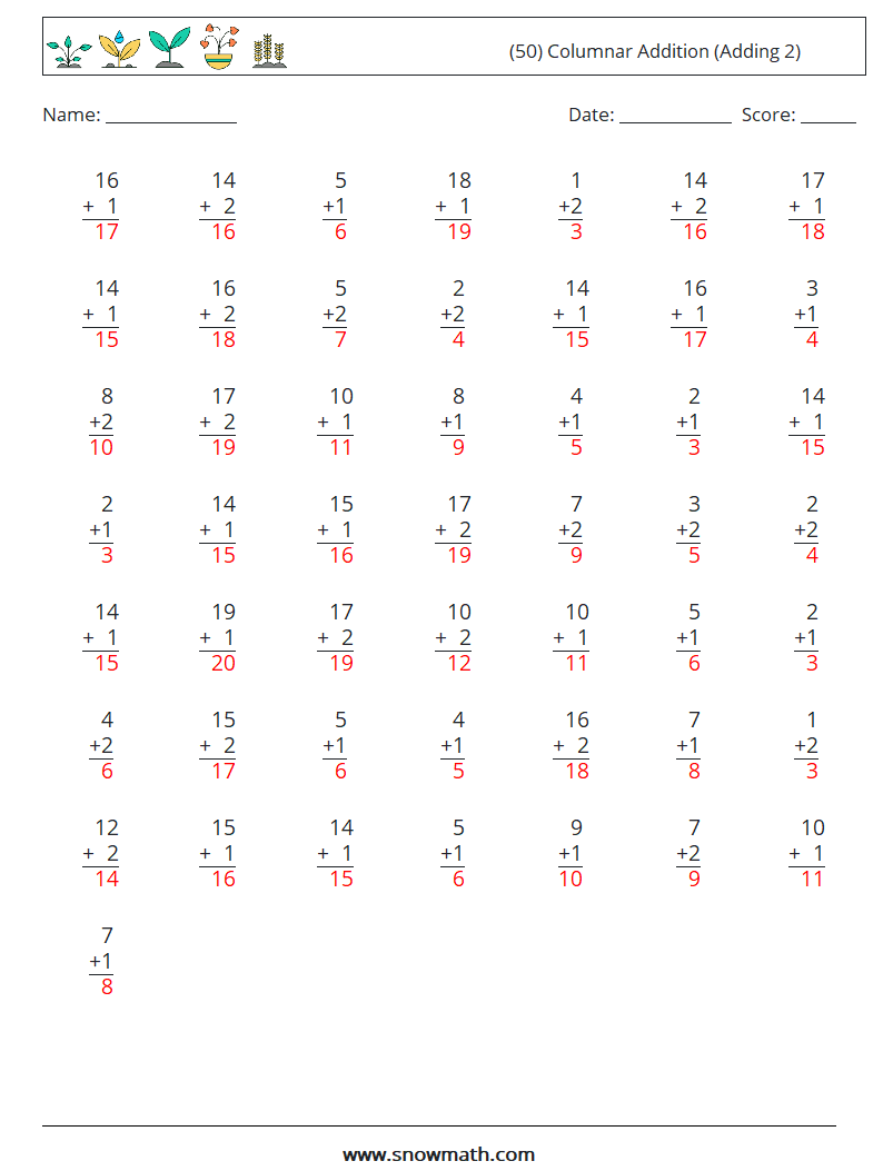 (50) Columnar Addition (Adding 2) Math Worksheets 5 Question, Answer