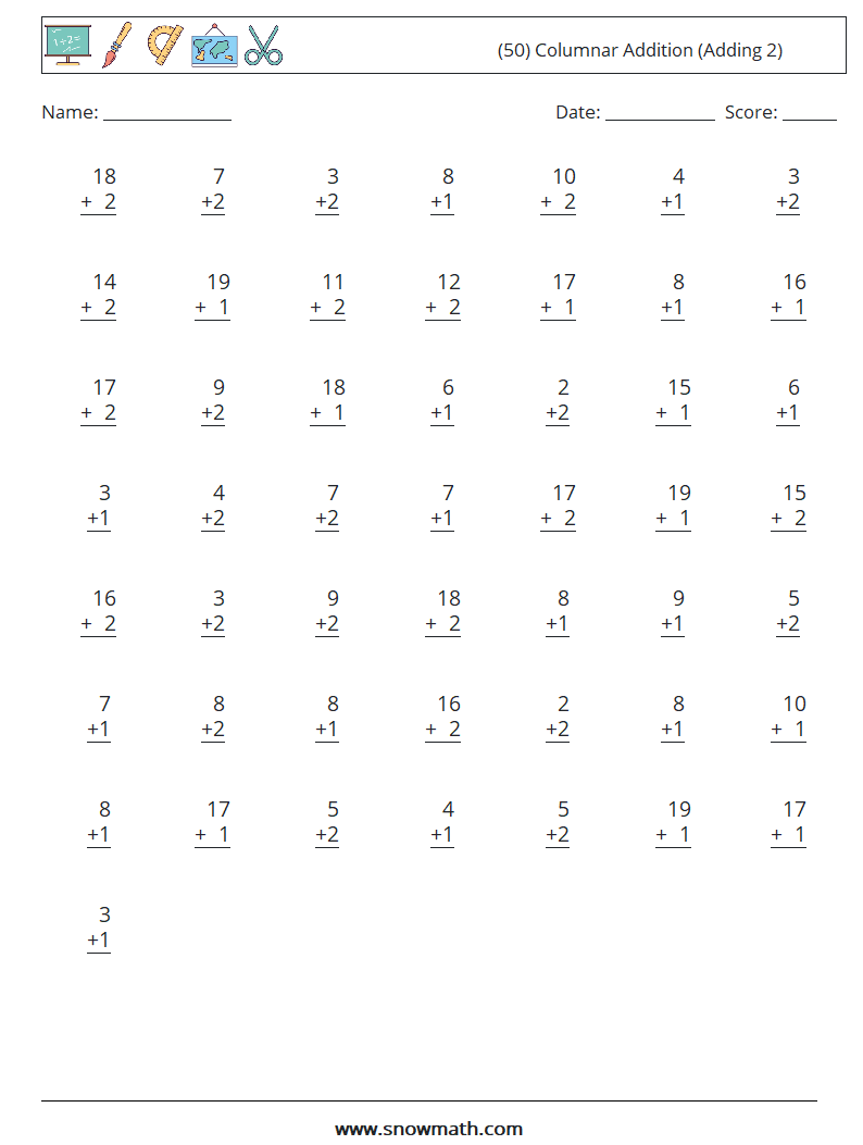 (50) Columnar Addition (Adding 2) Math Worksheets 6