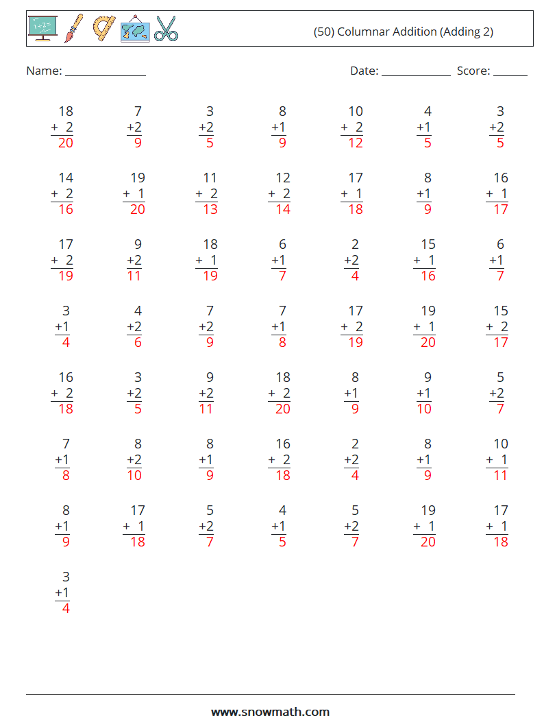 (50) Columnar Addition (Adding 2) Math Worksheets 6 Question, Answer