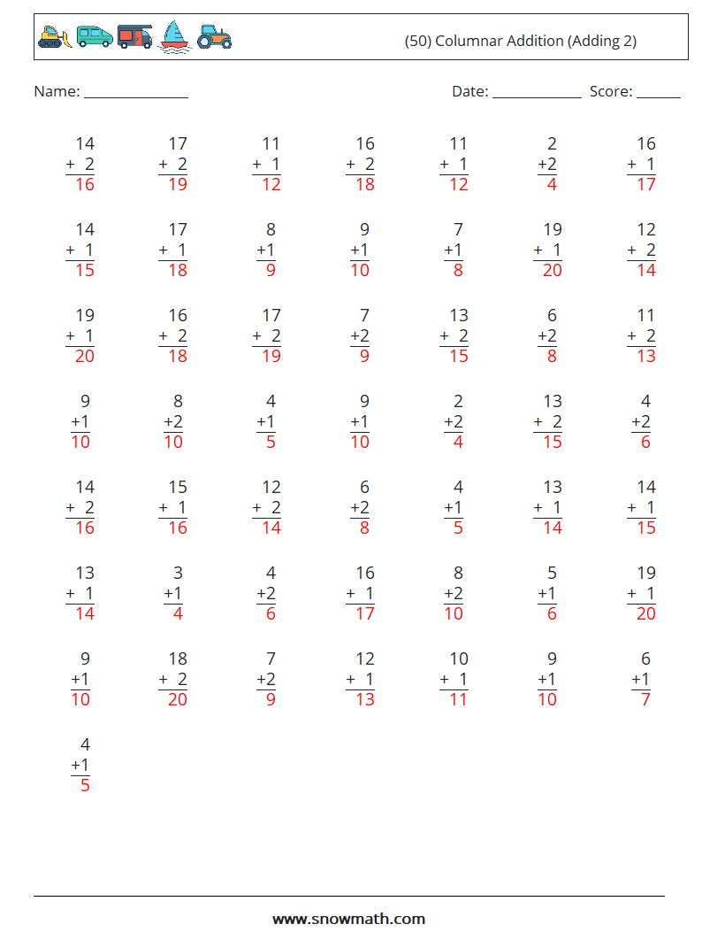 (50) Columnar Addition (Adding 2) Math Worksheets 7 Question, Answer