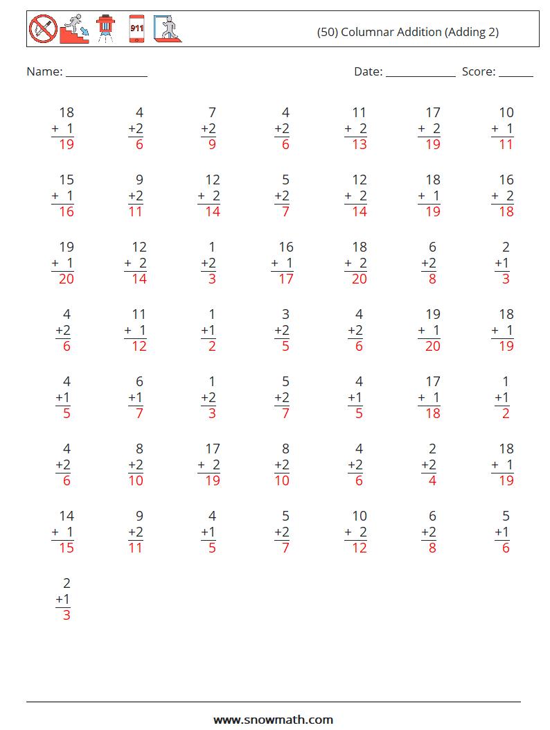 (50) Columnar Addition (Adding 2) Math Worksheets 8 Question, Answer