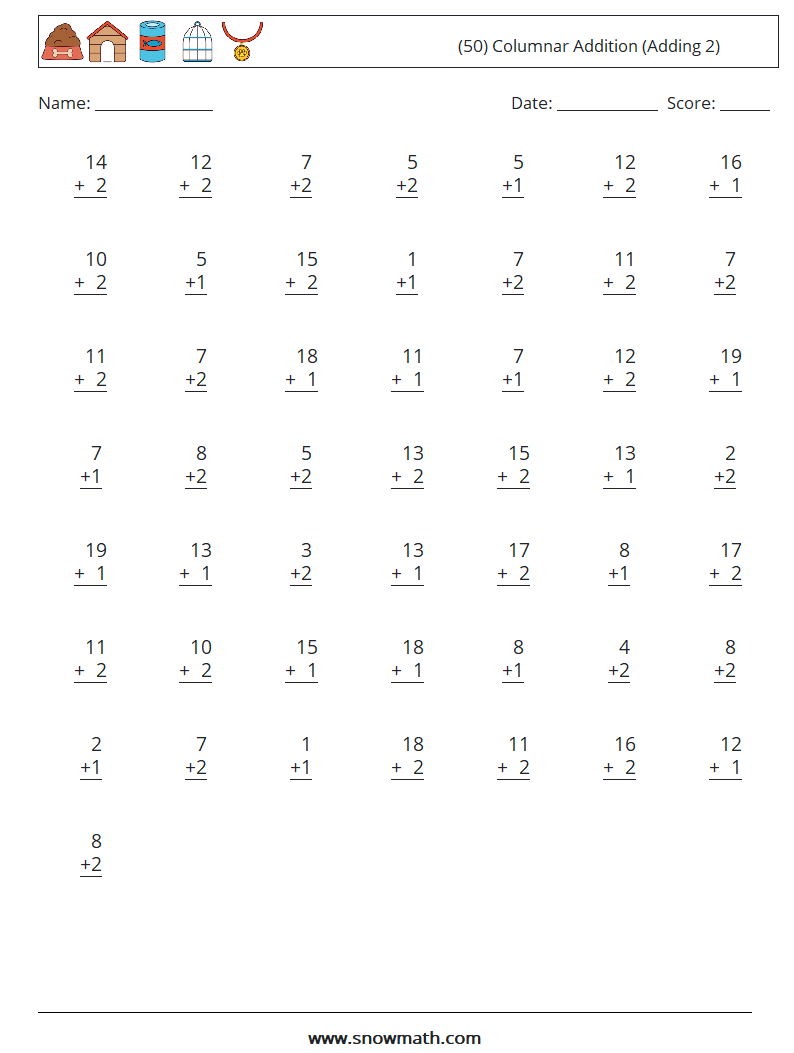 (50) Columnar Addition (Adding 2) Math Worksheets 9