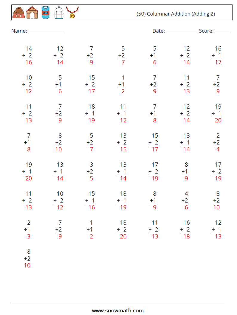 (50) Columnar Addition (Adding 2) Math Worksheets 9 Question, Answer