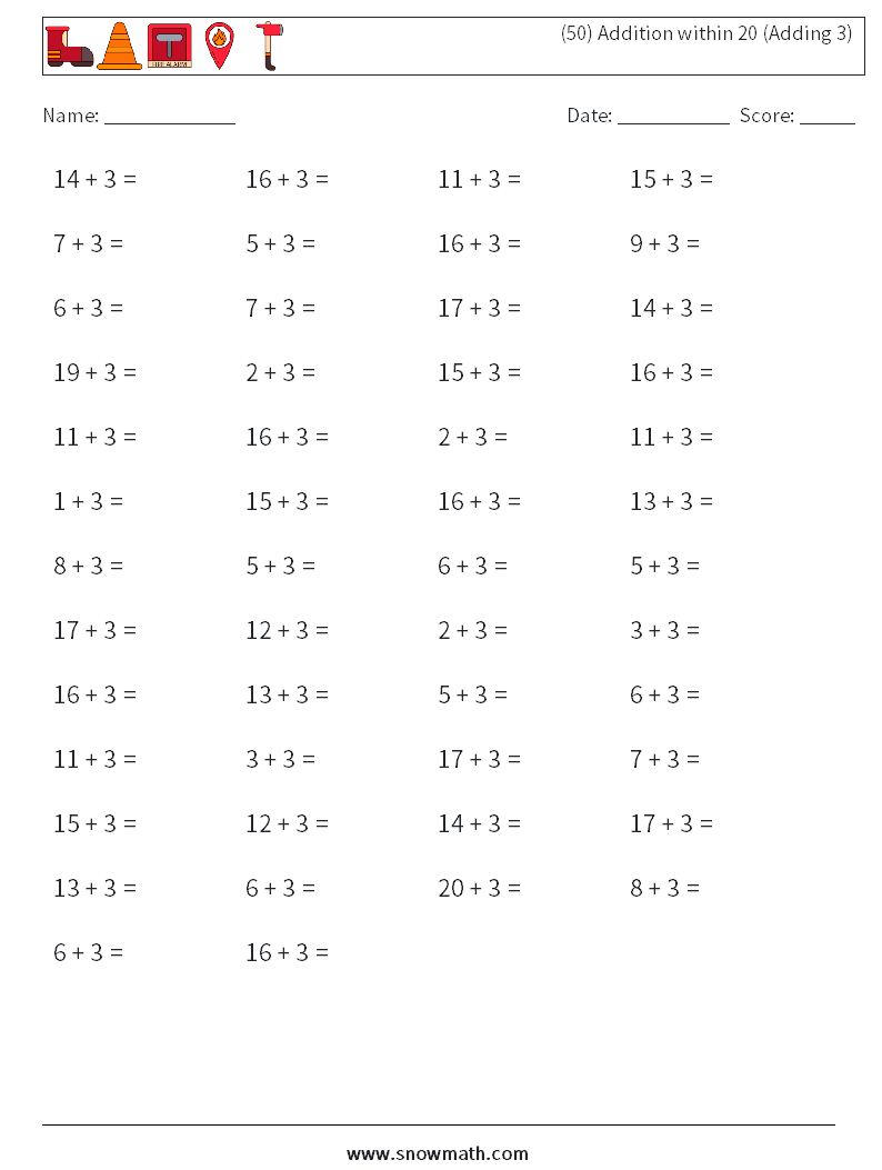 (50) Addition within 20 (Adding 3) Math Worksheets 1