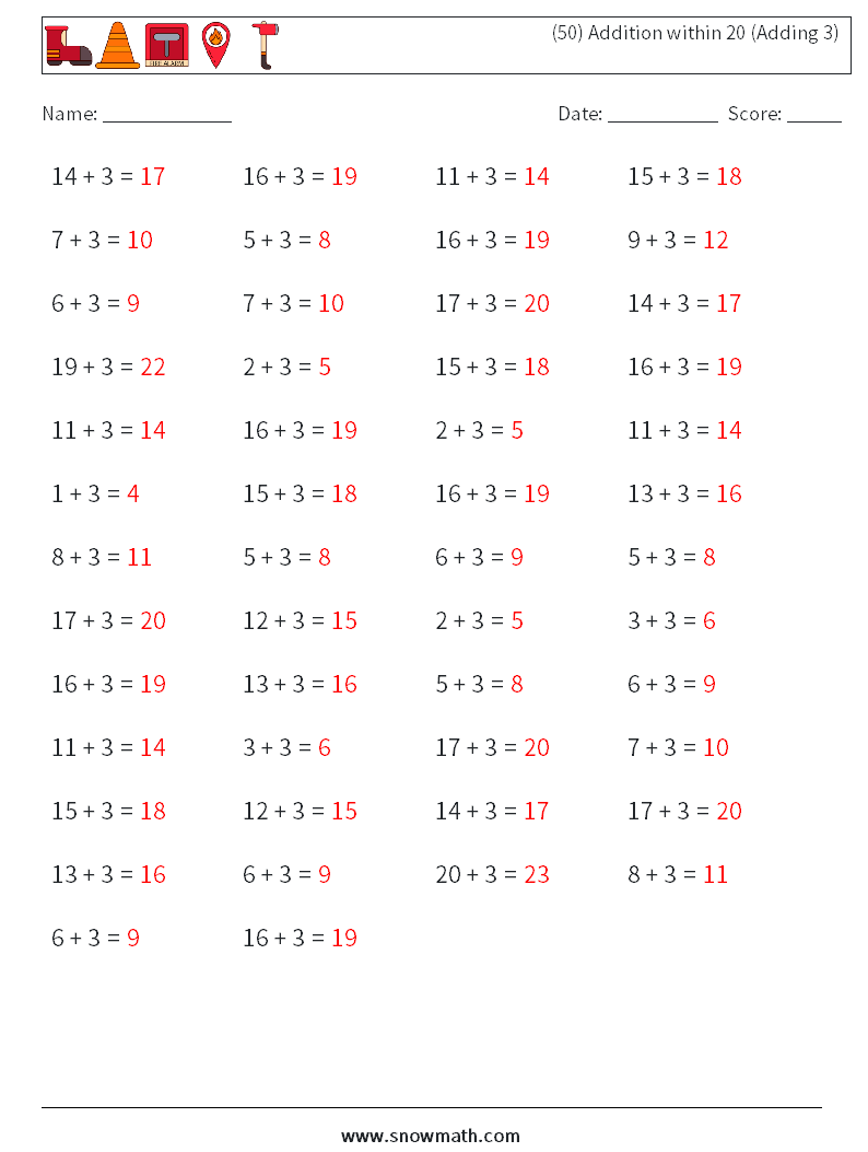 (50) Addition within 20 (Adding 3) Math Worksheets 1 Question, Answer