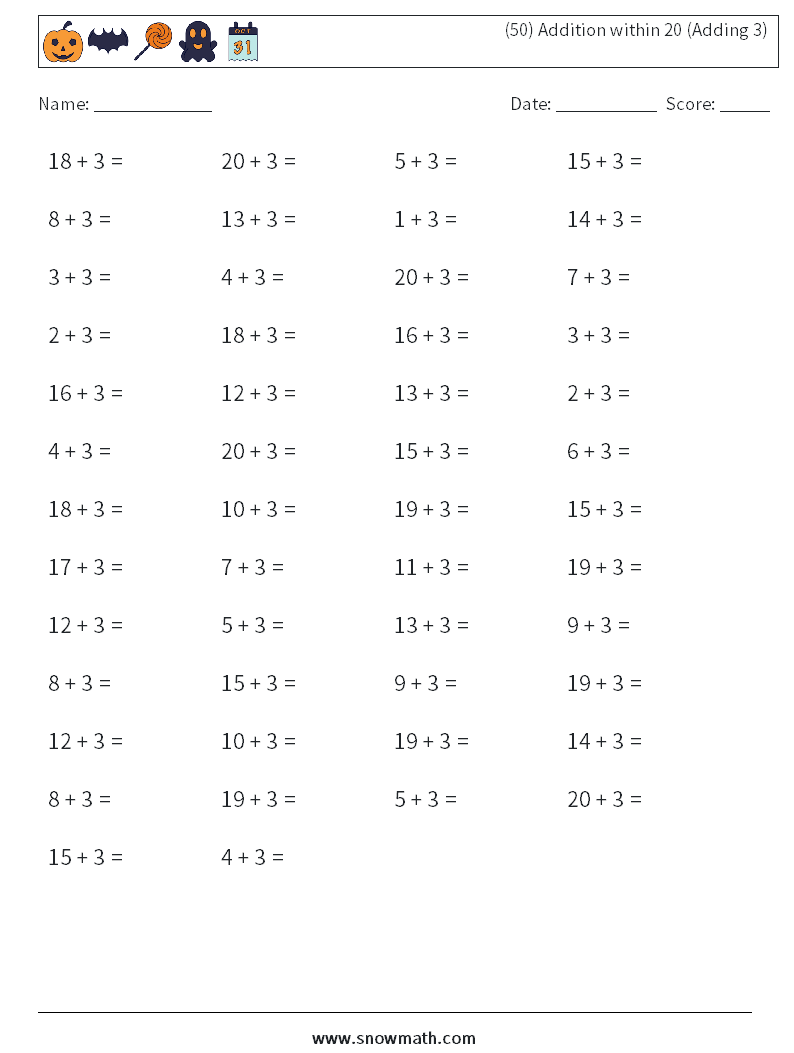 (50) Addition within 20 (Adding 3) Math Worksheets 2