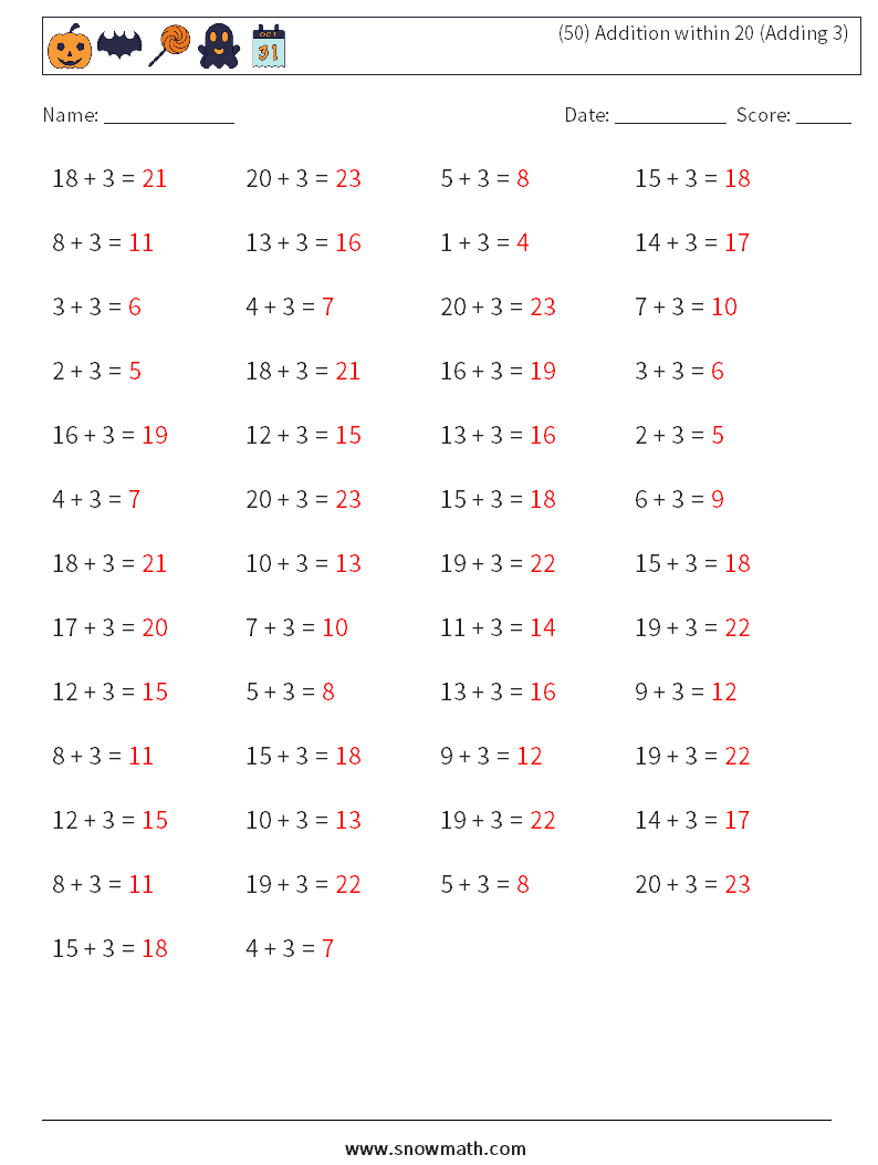(50) Addition within 20 (Adding 3) Math Worksheets 2 Question, Answer