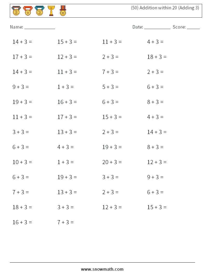 (50) Addition within 20 (Adding 3) Math Worksheets 3