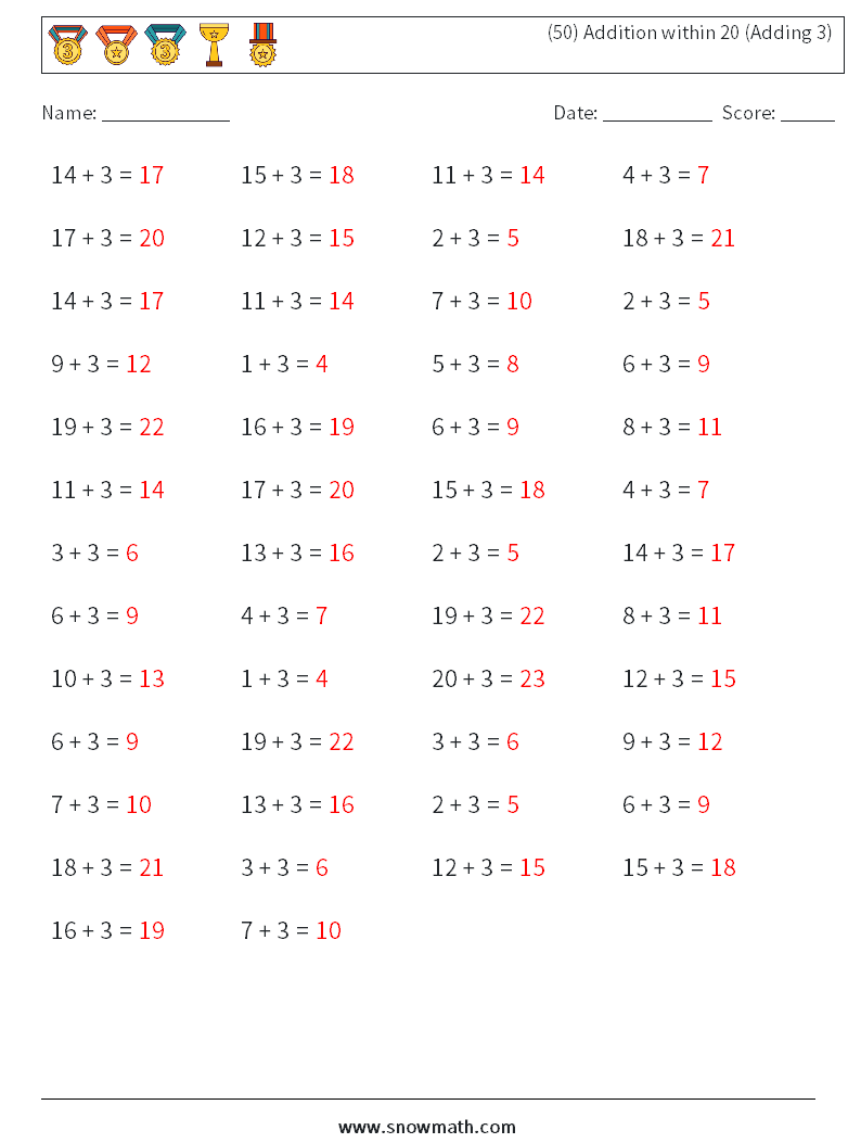(50) Addition within 20 (Adding 3) Math Worksheets 3 Question, Answer