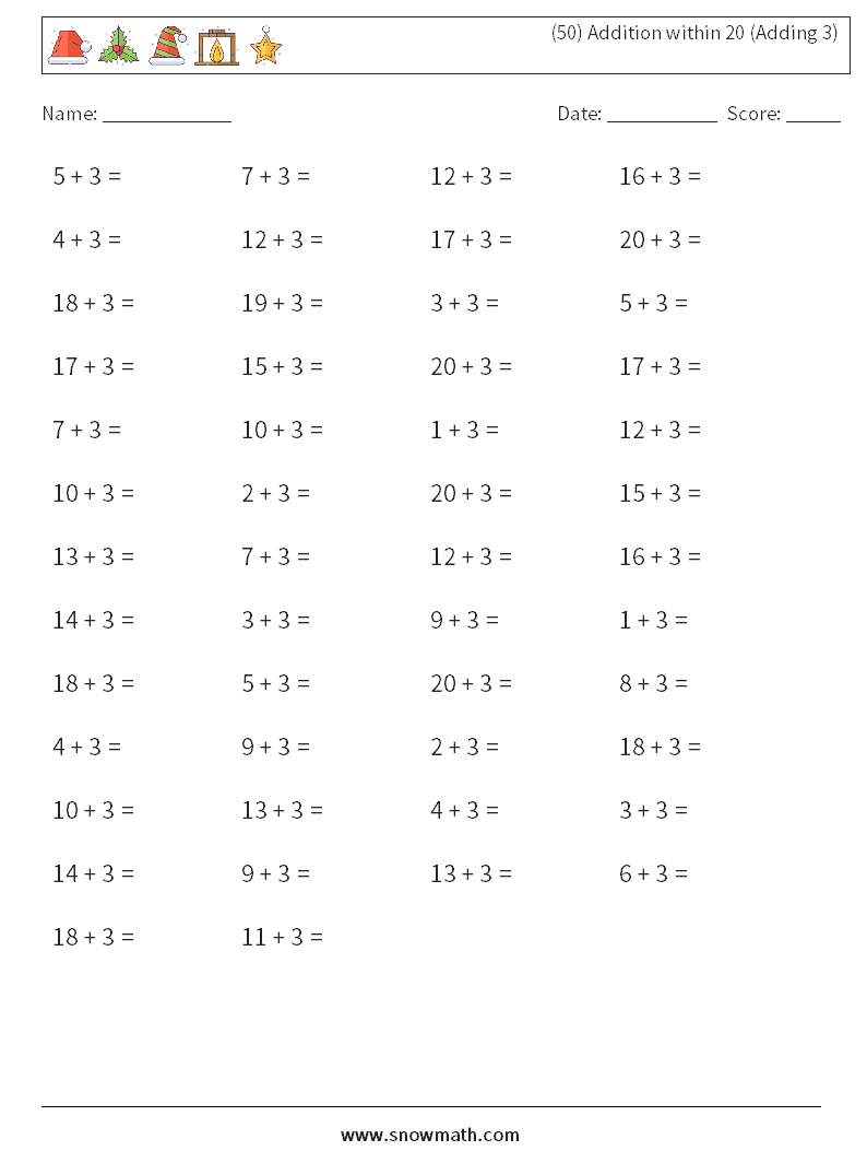(50) Addition within 20 (Adding 3) Math Worksheets 4
