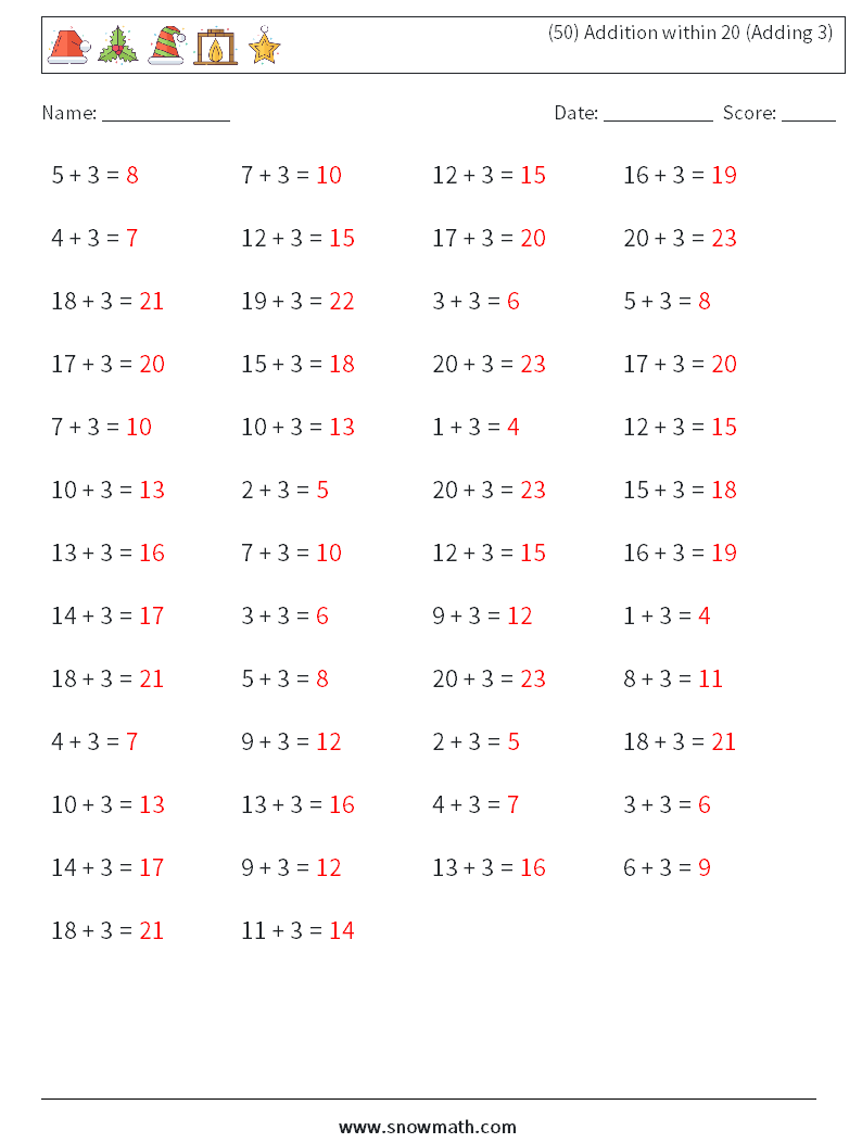 (50) Addition within 20 (Adding 3) Math Worksheets 4 Question, Answer