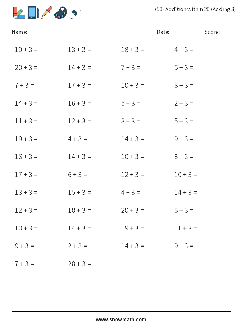 (50) Addition within 20 (Adding 3) Math Worksheets 5